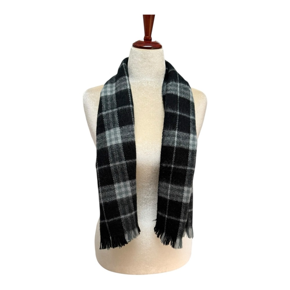 Classic Soft Black Gray Wool Blend Plaid Scarf 50” x 12” Unisex Preppy Winter